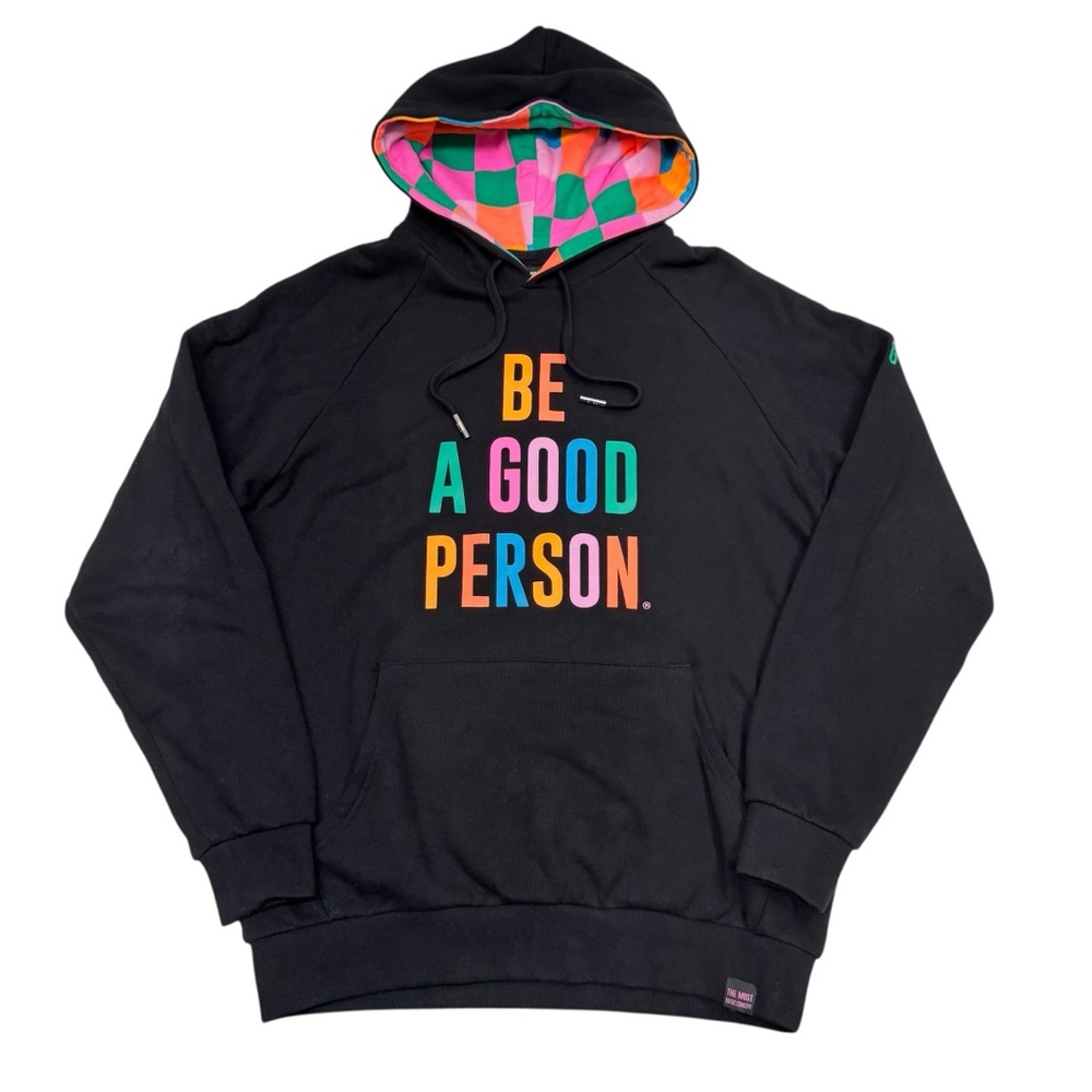 Be A Good Person Black Hoodie Checkerboard Hood Graphic Men’s M Streetwear